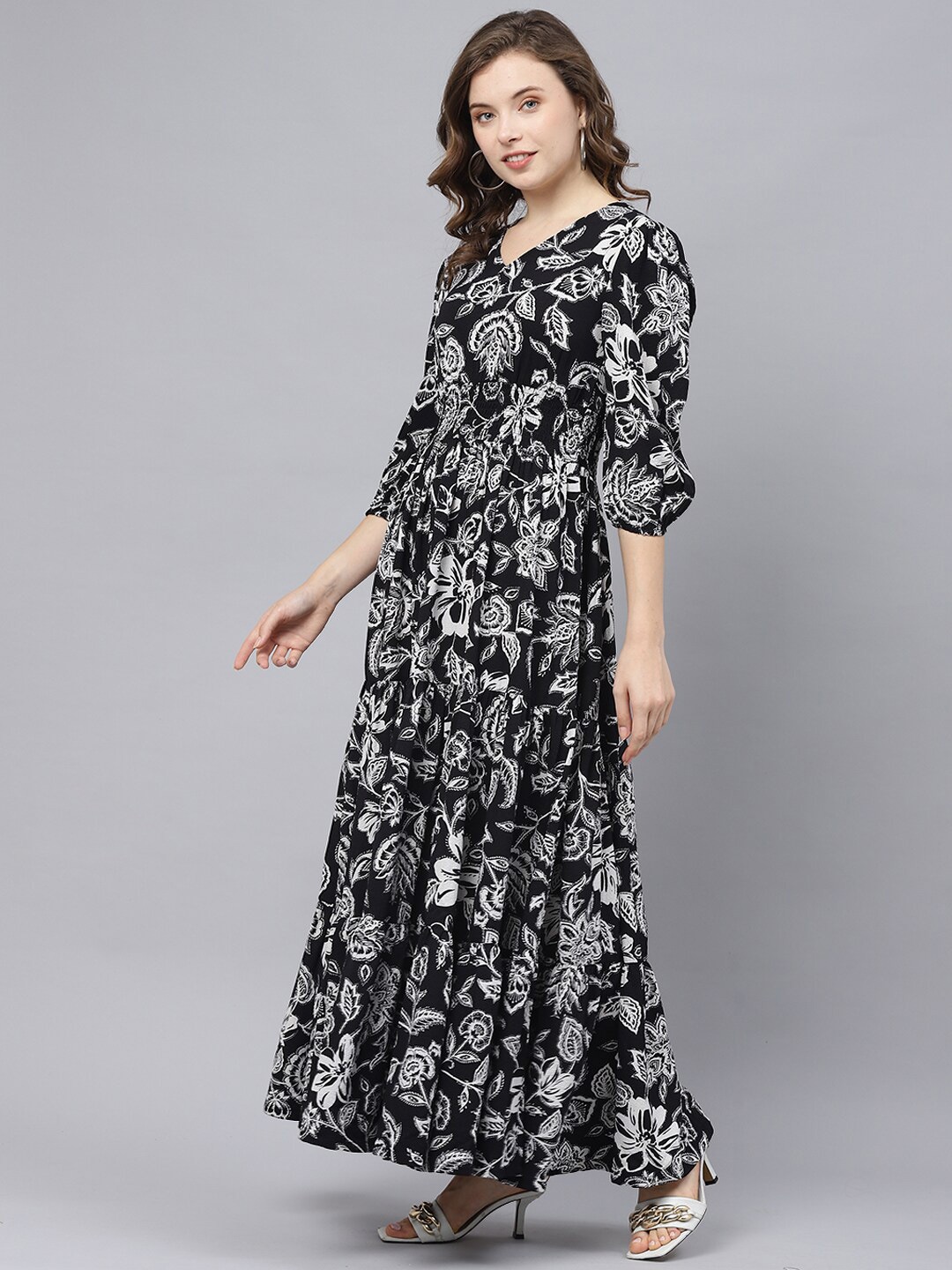 

DEEBACO Floral Printed V-Neck Maxi Dress, Black