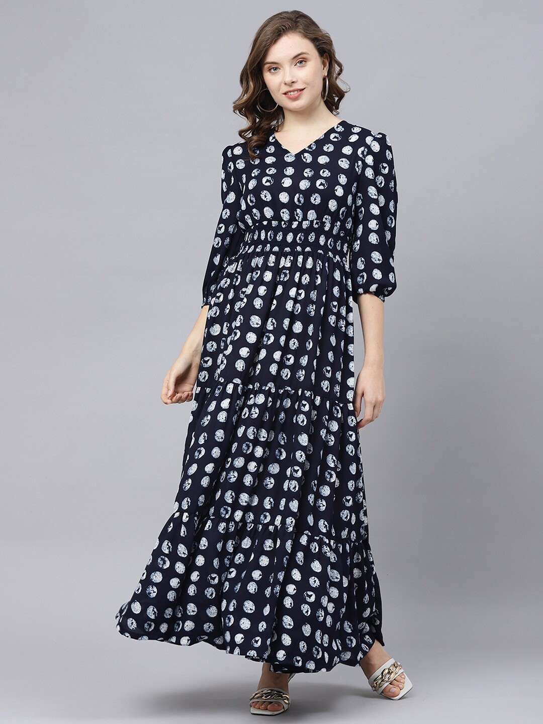 

DEEBACO Polka Dots Print V-Neck Maxi Dress, Navy blue