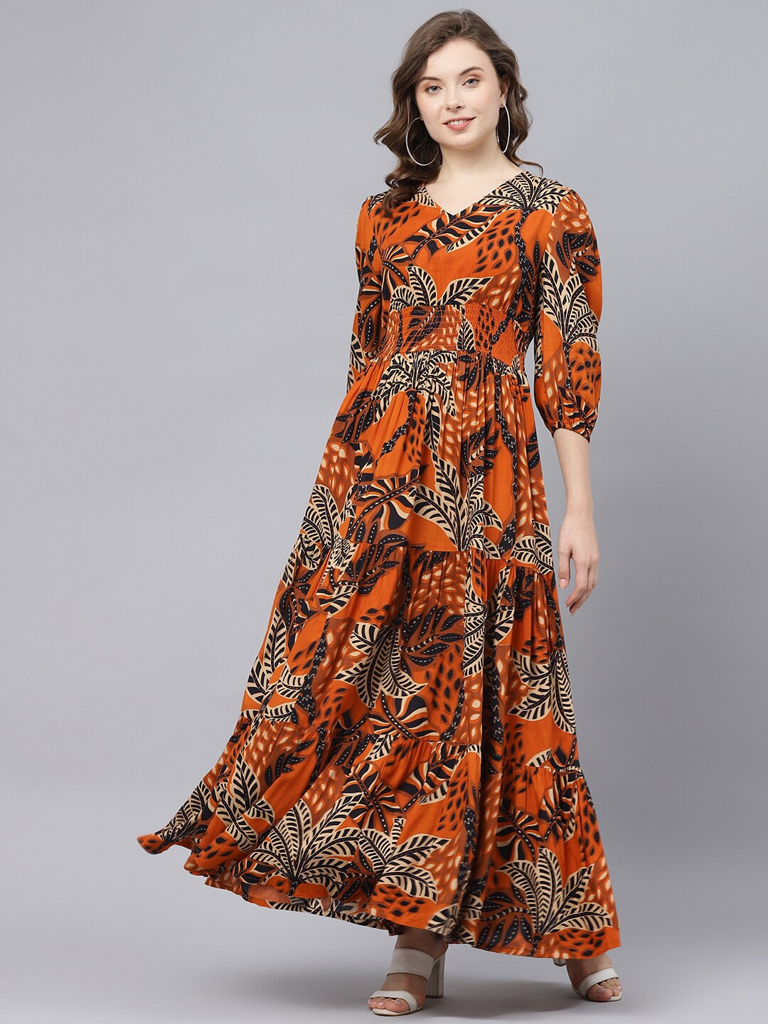 

DEEBACO Tropical Printed V-Neck Maxi Dress, Brown