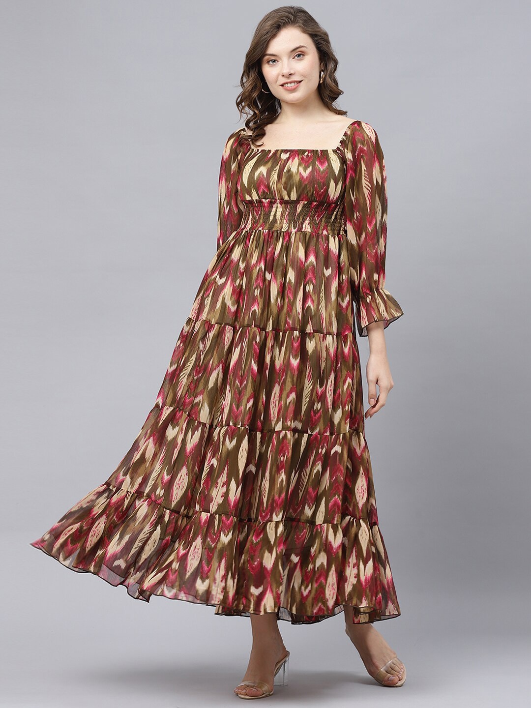 

DEEBACO Ikkat Chiffon Square Neck Maxi Dress, Green