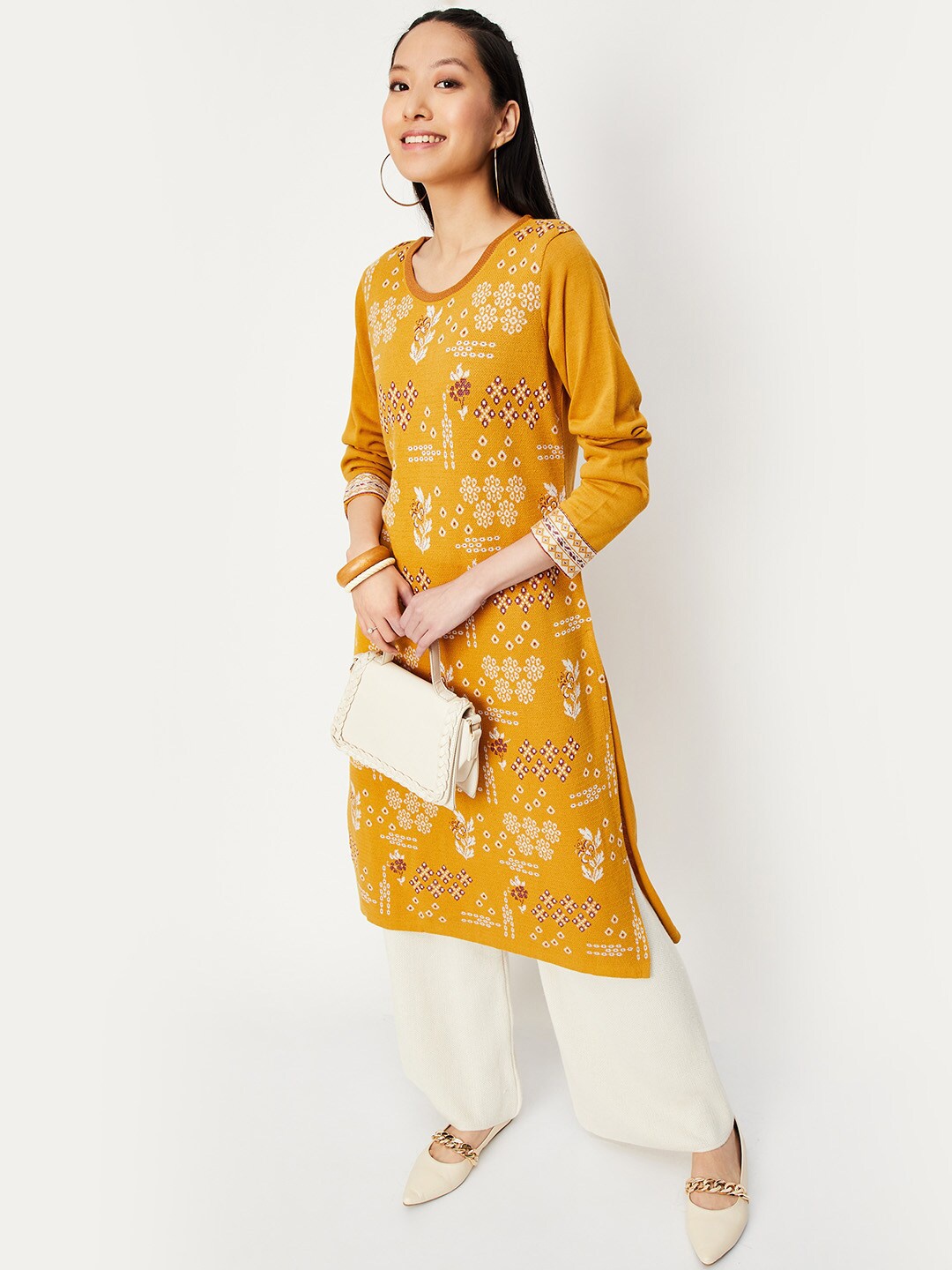 

max Floral Woven Design Straight Acrylic Kurta, Yellow