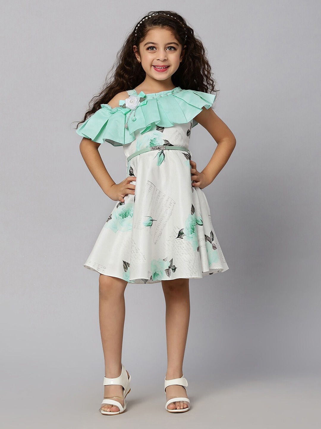

Macwin Girls Floral Printed Satin A-Line Dress, Green