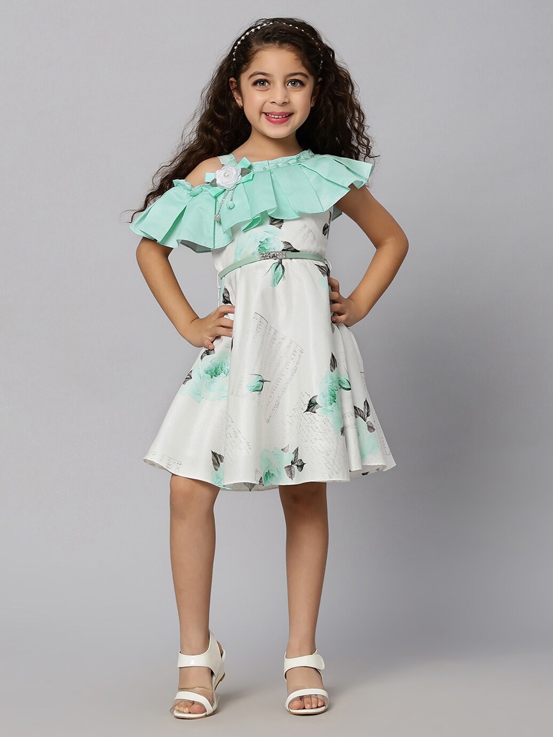 

Macwin Girls Floral Printed One Shoulder Cold-Shoulder Sleeves Pleated Satin A-Line Dress, Green