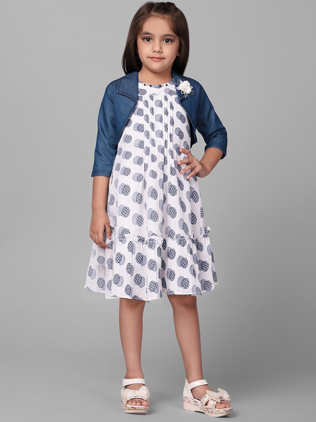 

Macwin Girls Geometric Printed A-Line Dress With Denim Jacket, White