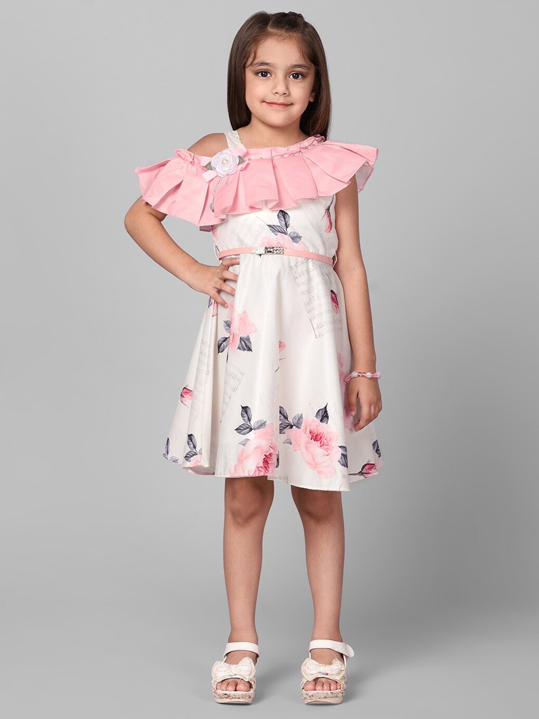 

Macwin Girls Floral Printed Cold-Shoulder Pleated Fit & Flare Dress, White