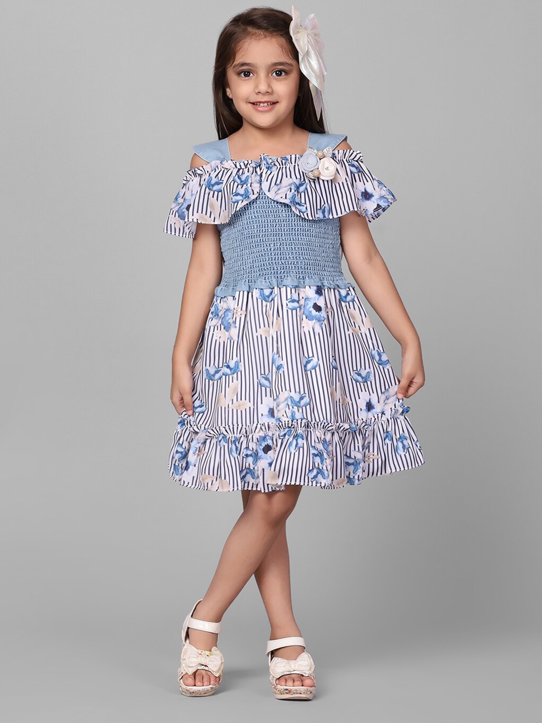 

Macwin Girls Striped Cold-Shoulder Sleeves Smocked Fit & Flare Dress, Blue