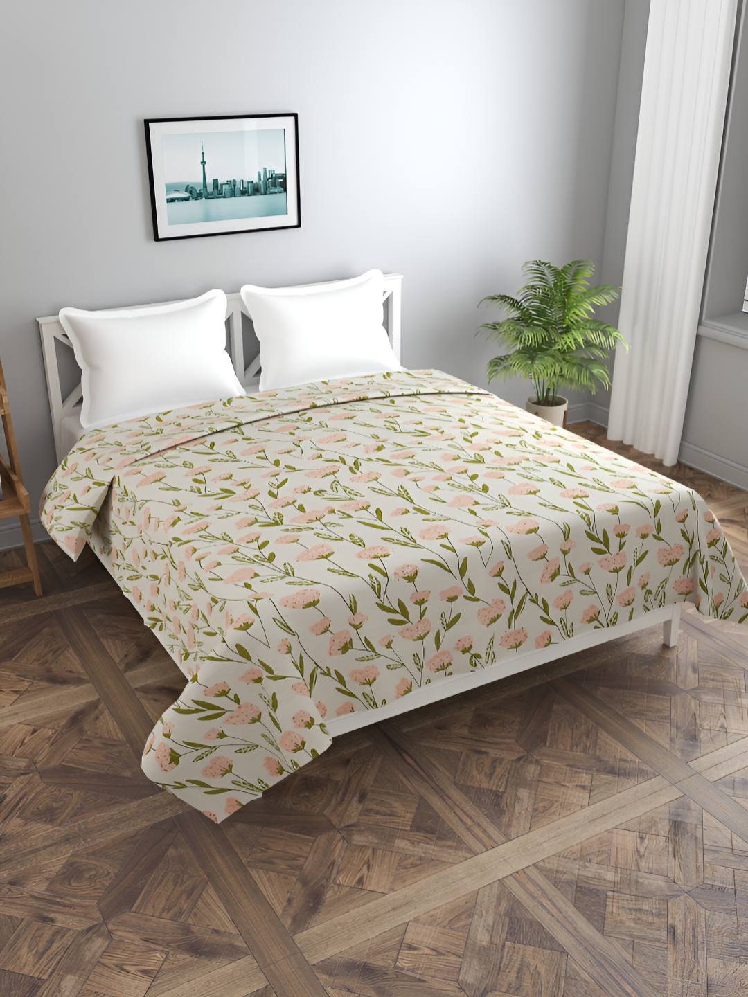 

BREVARD Off White & Green Floral Printed Duvet Cover