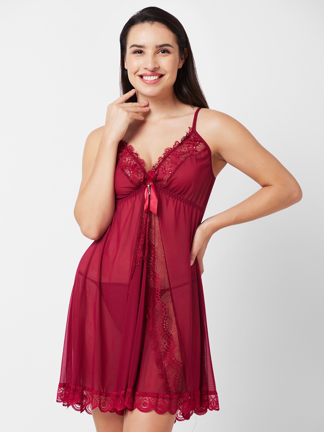 

FashionRack Self Design Net Baby Doll, Maroon