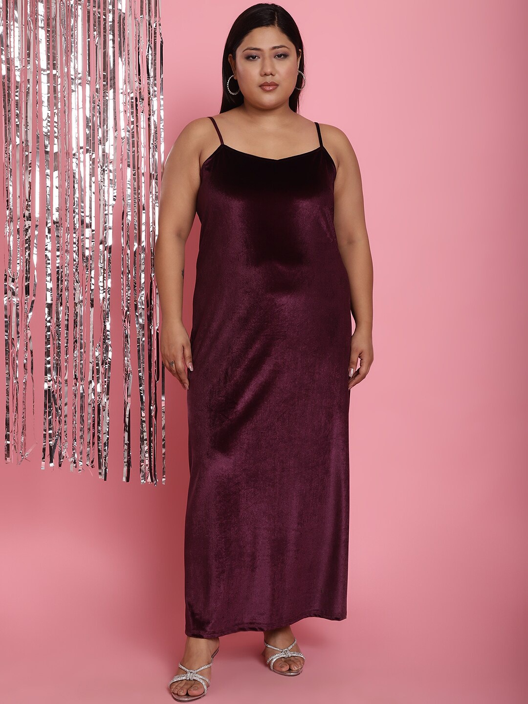 

theRebelinme Plus Size Shoulder Strap Velvet Maxi Dress, Burgundy