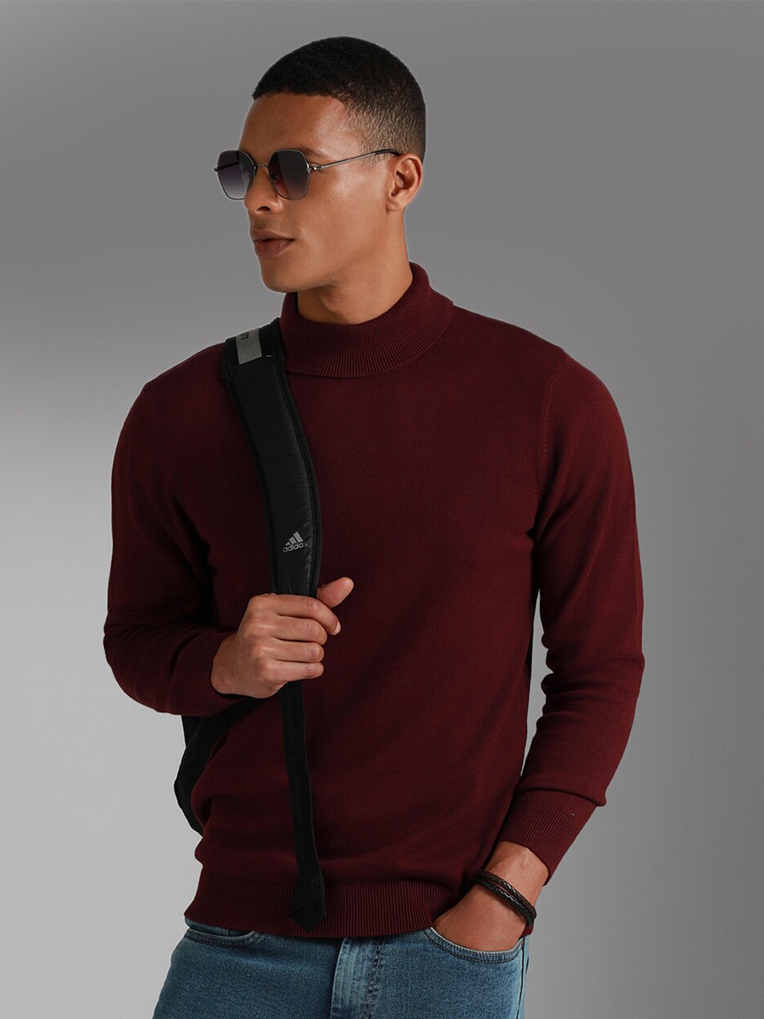 

High Star Turtle Neck Long Sleeves Cotton Pullover Sweater, Maroon