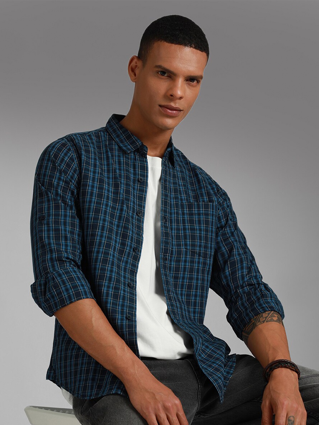 

High Star Classic Tartan Checks Spread Collar Long Sleeves Cotton Casual Shirt, Blue