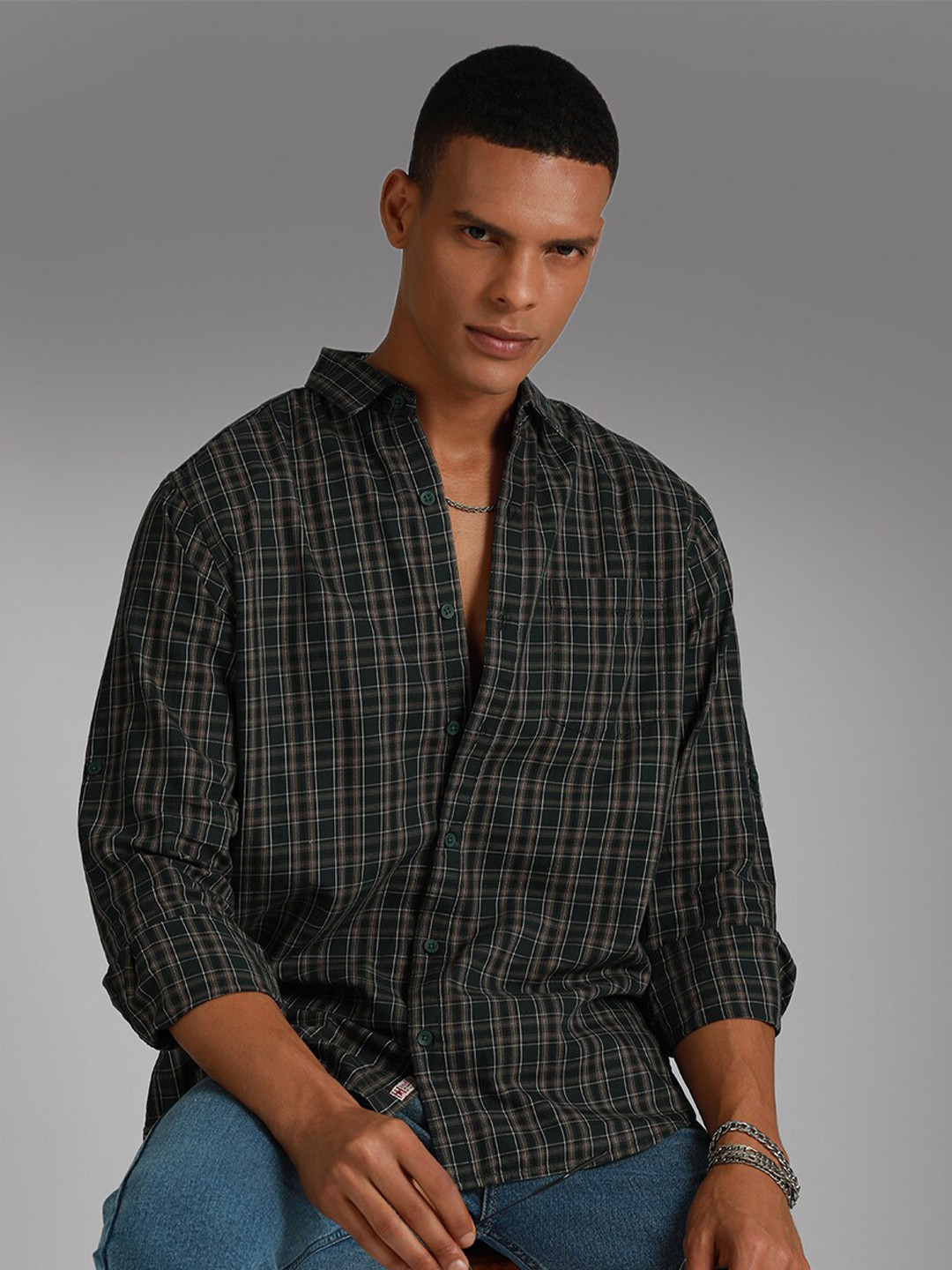 

High Star Classic Tartan Checks Spread Collar Long Sleeves Cotton Casual Shirt, Olive