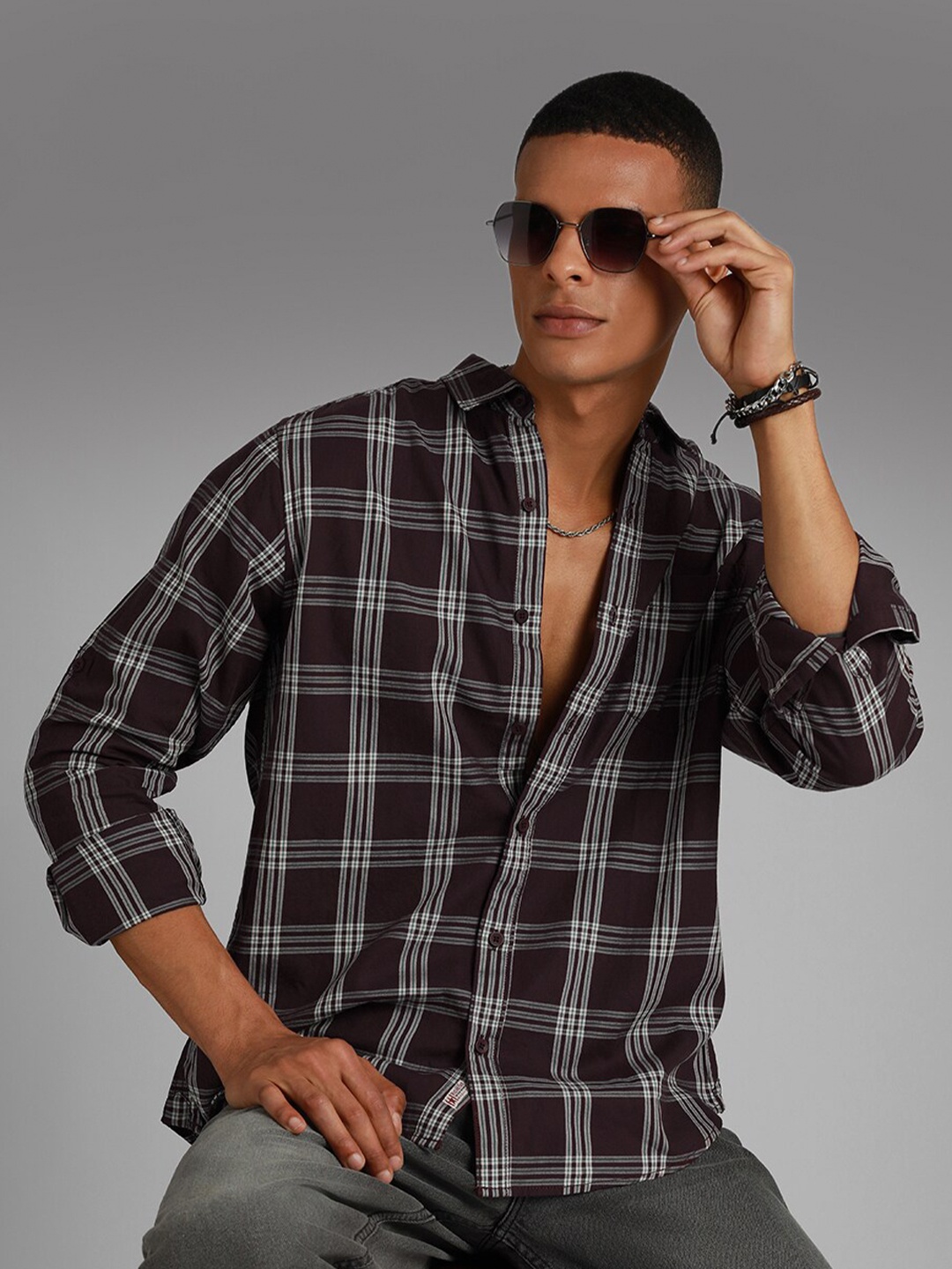 

High Star Classic Tartan Checks Spread Collar Long Sleeves Cotton Casual Shirt, Maroon
