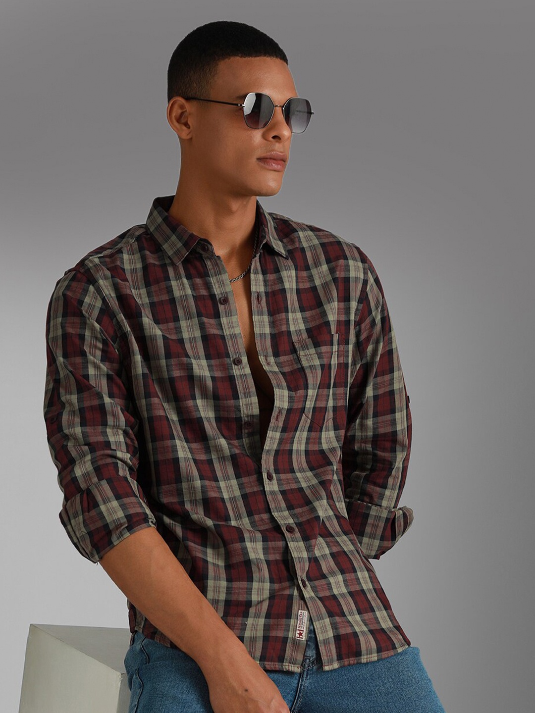 

High Star Classic Tartan Checks Spread Collar Long Sleeves Cotton Casual Shirt, Green