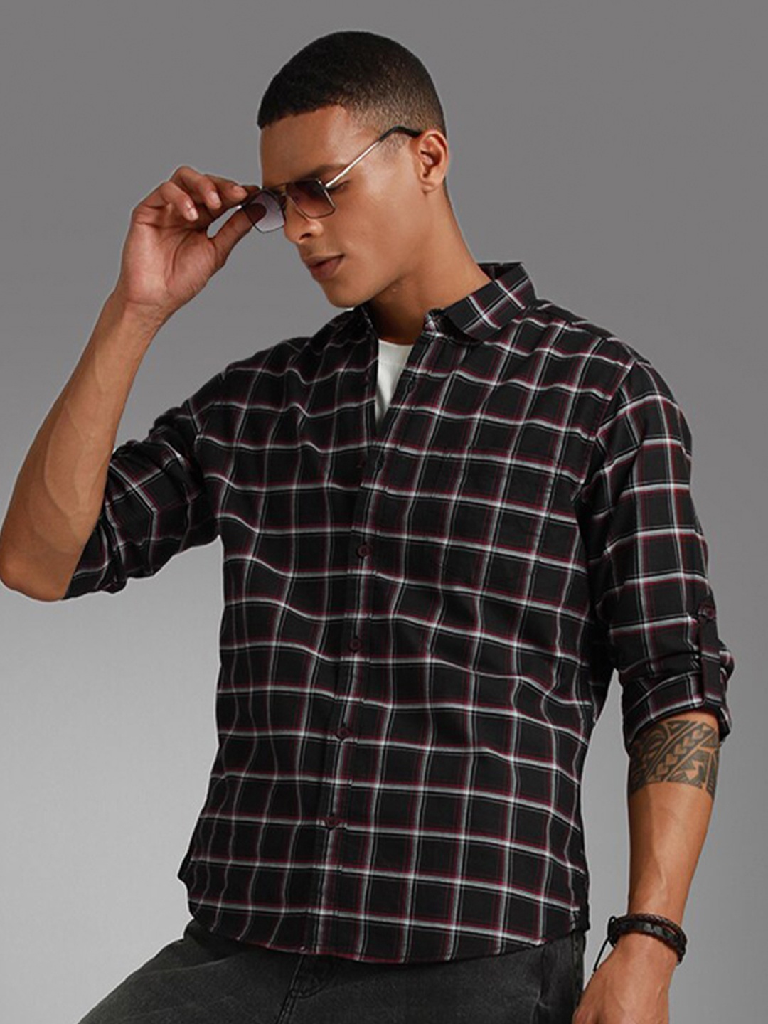 

High Star Classic Windowpane Checks Spread Collar Long Sleeves Cotton Casual Shirt, Black