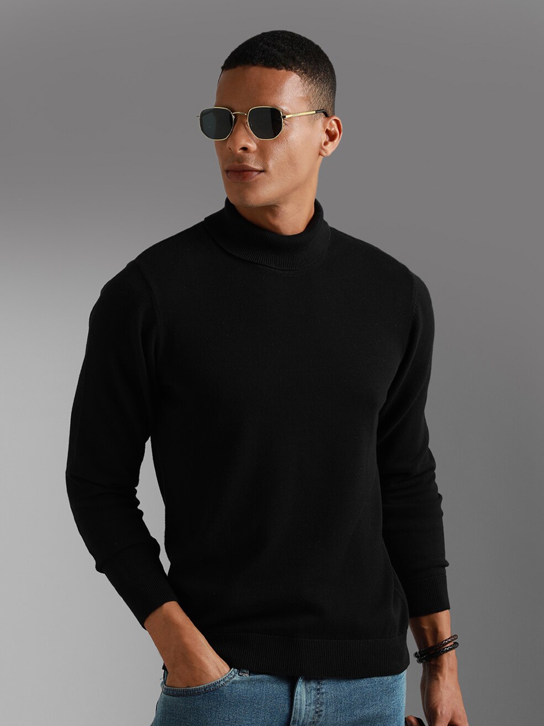 

High Star Turtle Neck Long Sleeves Cotton Pullover Sweater, Black