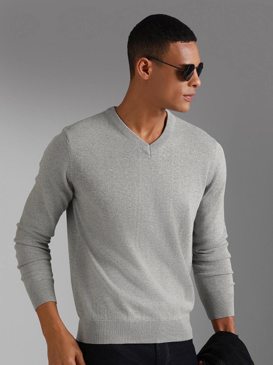

High Star V-Neck Long Sleeves Cotton Pullover Sweater, Grey