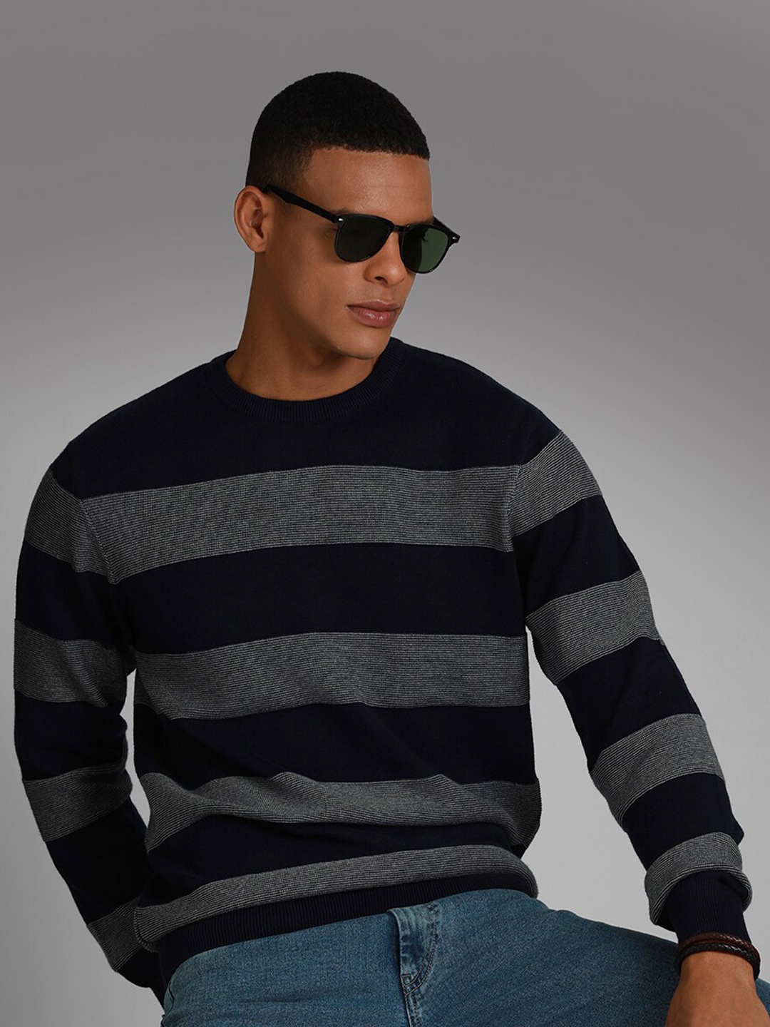 

High Star Striped Round Neck Long Sleeves Cotton Pullover Sweater, Grey