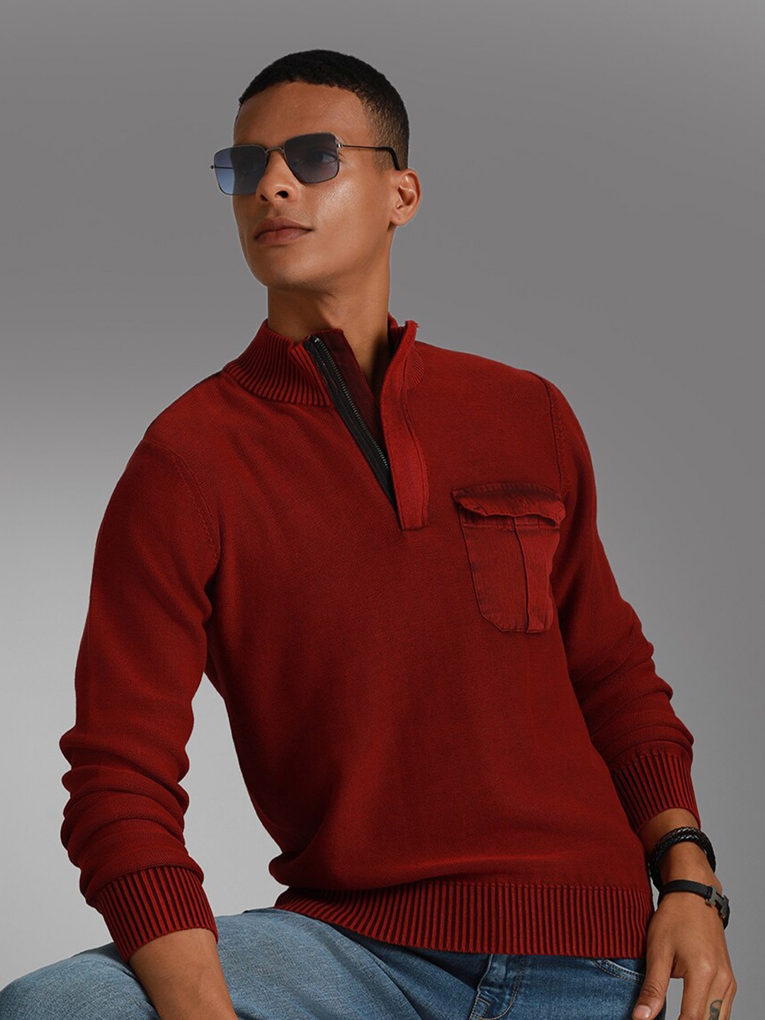 

High Star Mock Collar Long Sleeves Cotton Pullover Sweater, Red