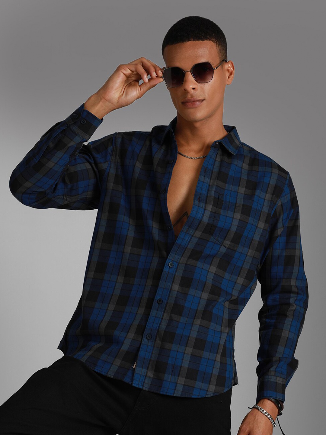 

High Star Classic Tartan Checks Spread Collar Long Sleeves Cotton Casual Shirt, Blue