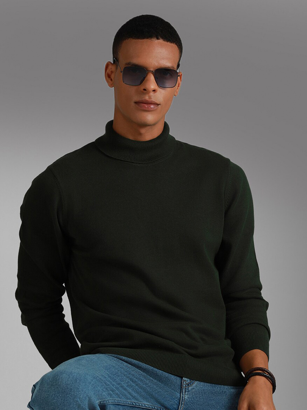 

High Star Turtle Neck Long Sleeves Cotton Pullover Sweater, Green