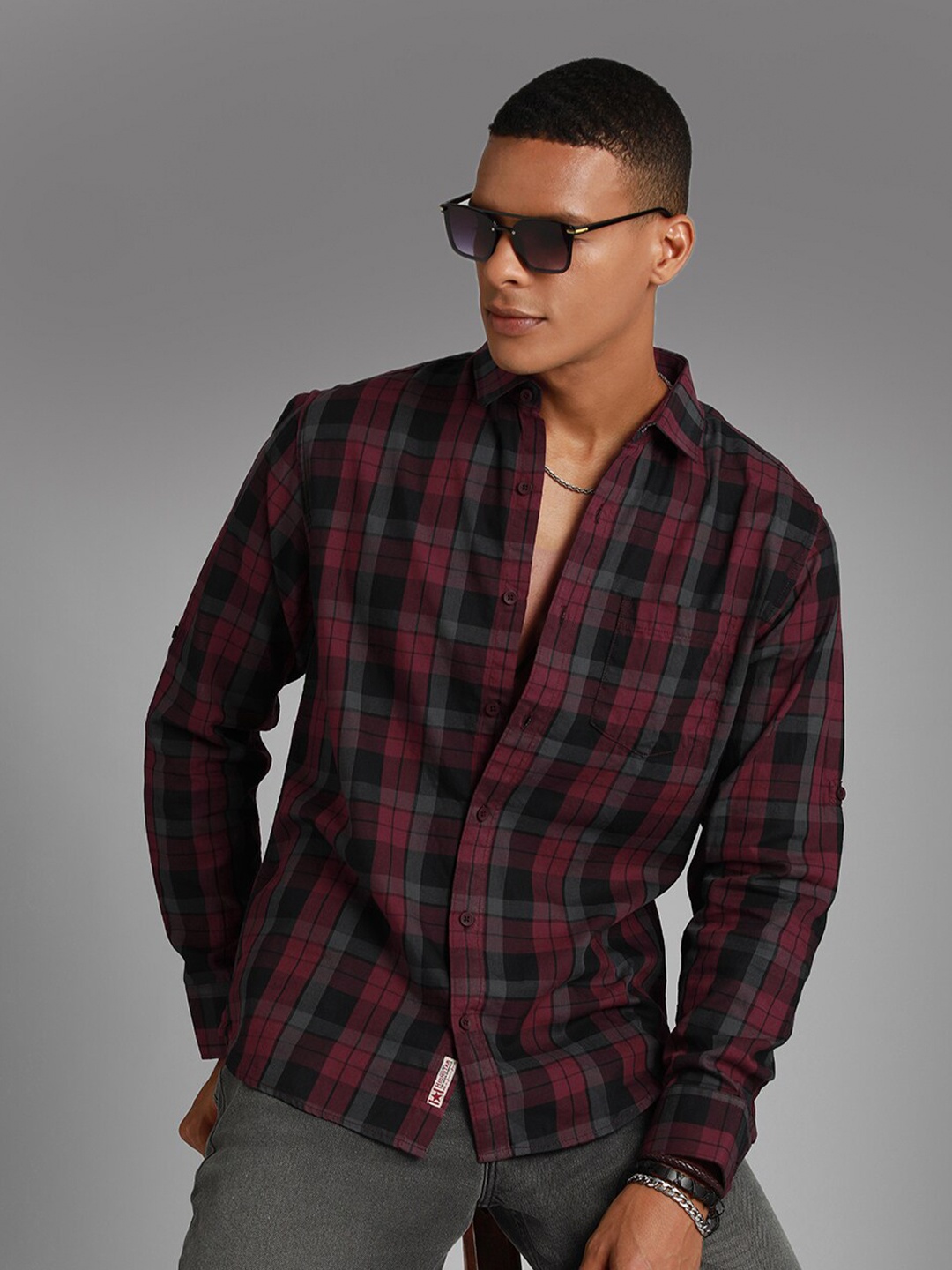 

High Star Classic Tartan Checks Spread Collar Long Sleeves Cotton Casual Shirt, Red