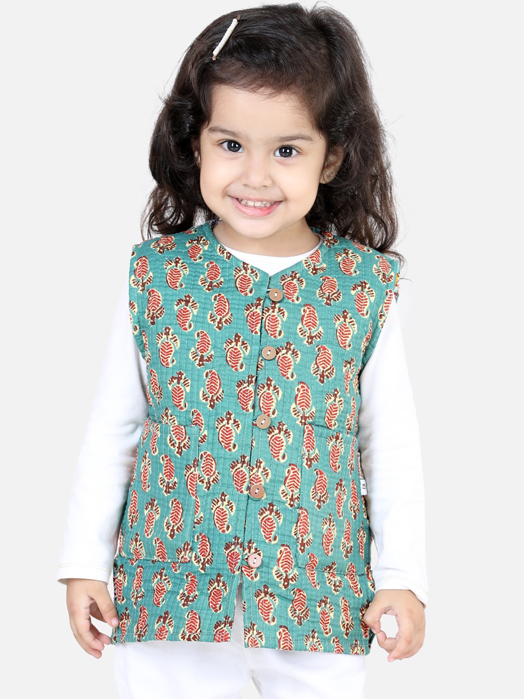 

BownBee Girls Ethnic Motifs Printed Lightweight Reversible Cotton Tailored Jacket, Sea green