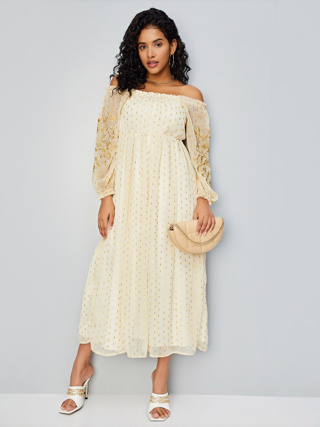 

max Floral Embroidered Off Shoulder Puff Sleeves Fit & Flare Midi Dress, Off white