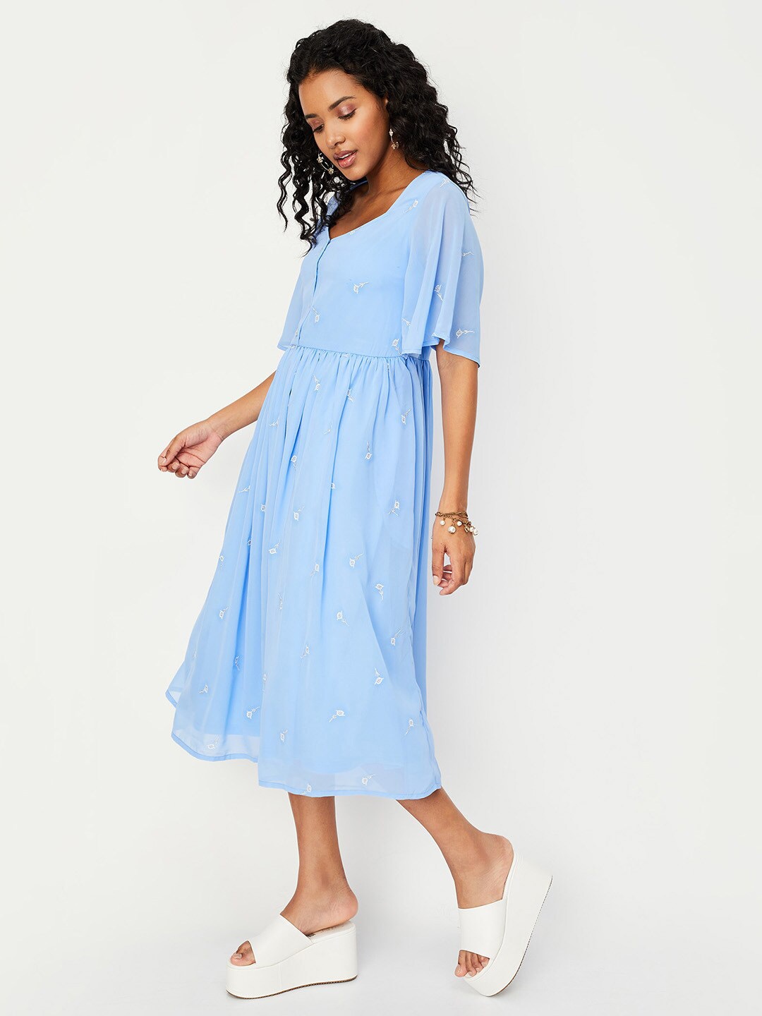 

max Floral Embroidered Flared Sleeve Pleated Fit & Flare Midi Dress, Blue