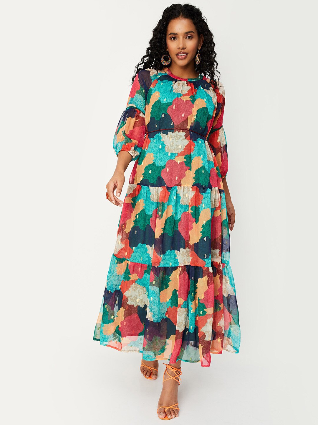 

max Printed Round Neck Bishop Sleeves Maxi Dress, Blue