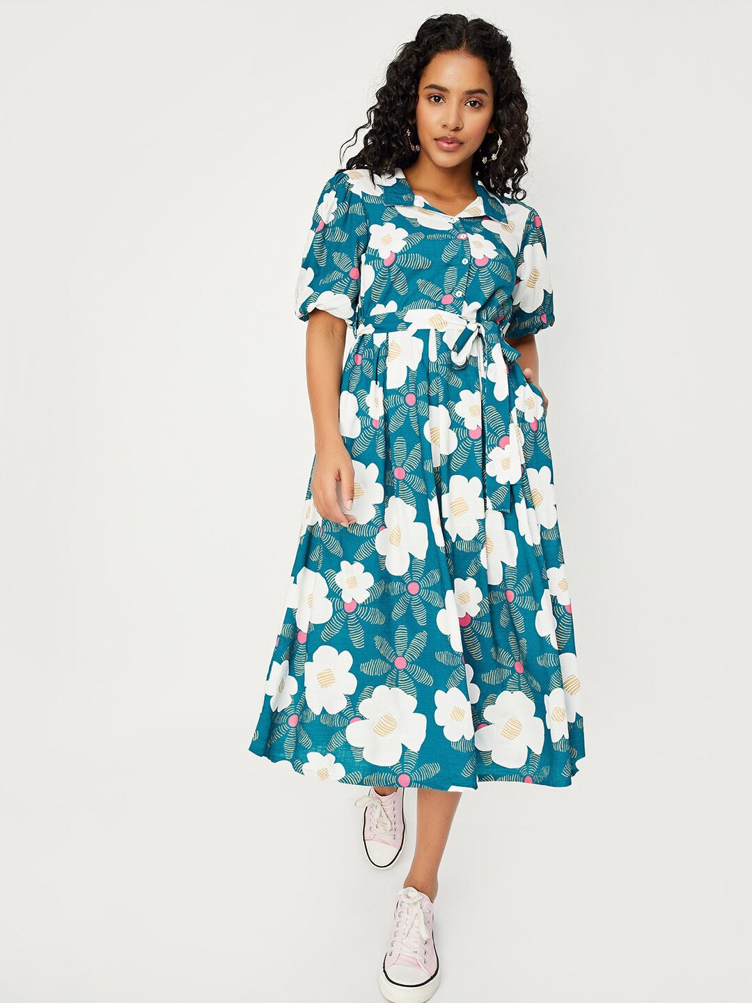 

max Floral Printed Shirt Collar Puff Sleeve Fit & flare Pleated Midi Dress, Blue