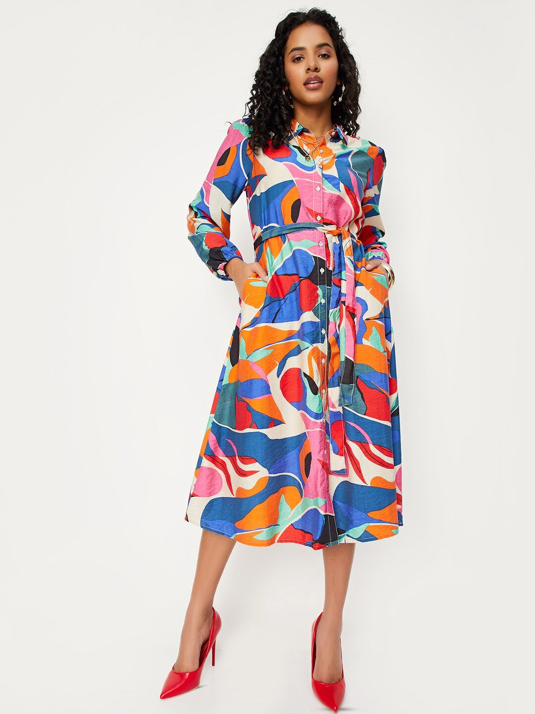 

max Printed Shirt Collar Cuffed Sleeves Shirt Style Midi Dress, Blue