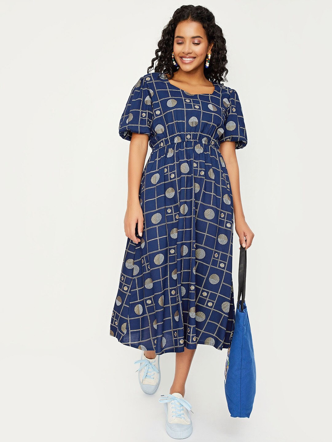 

max Geometric Printed Fit & Flare Midi Dress, Navy blue