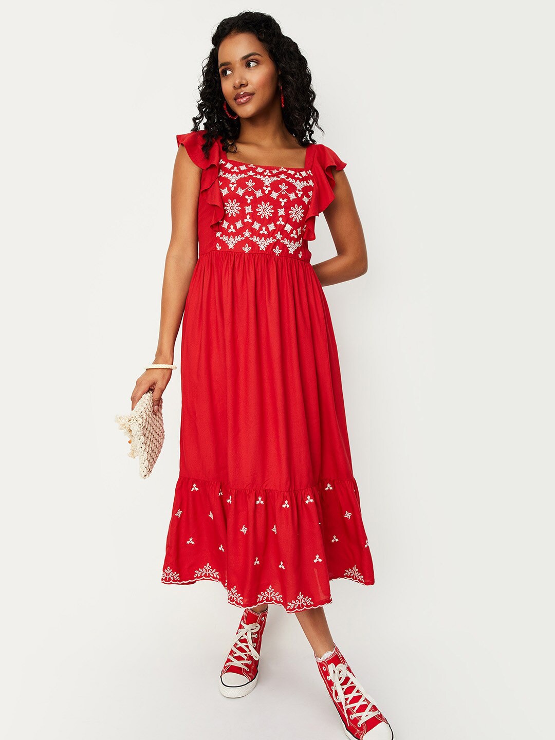 

max Floral Embroidered Flutter Sleeve Fit & Flare Dress, Red