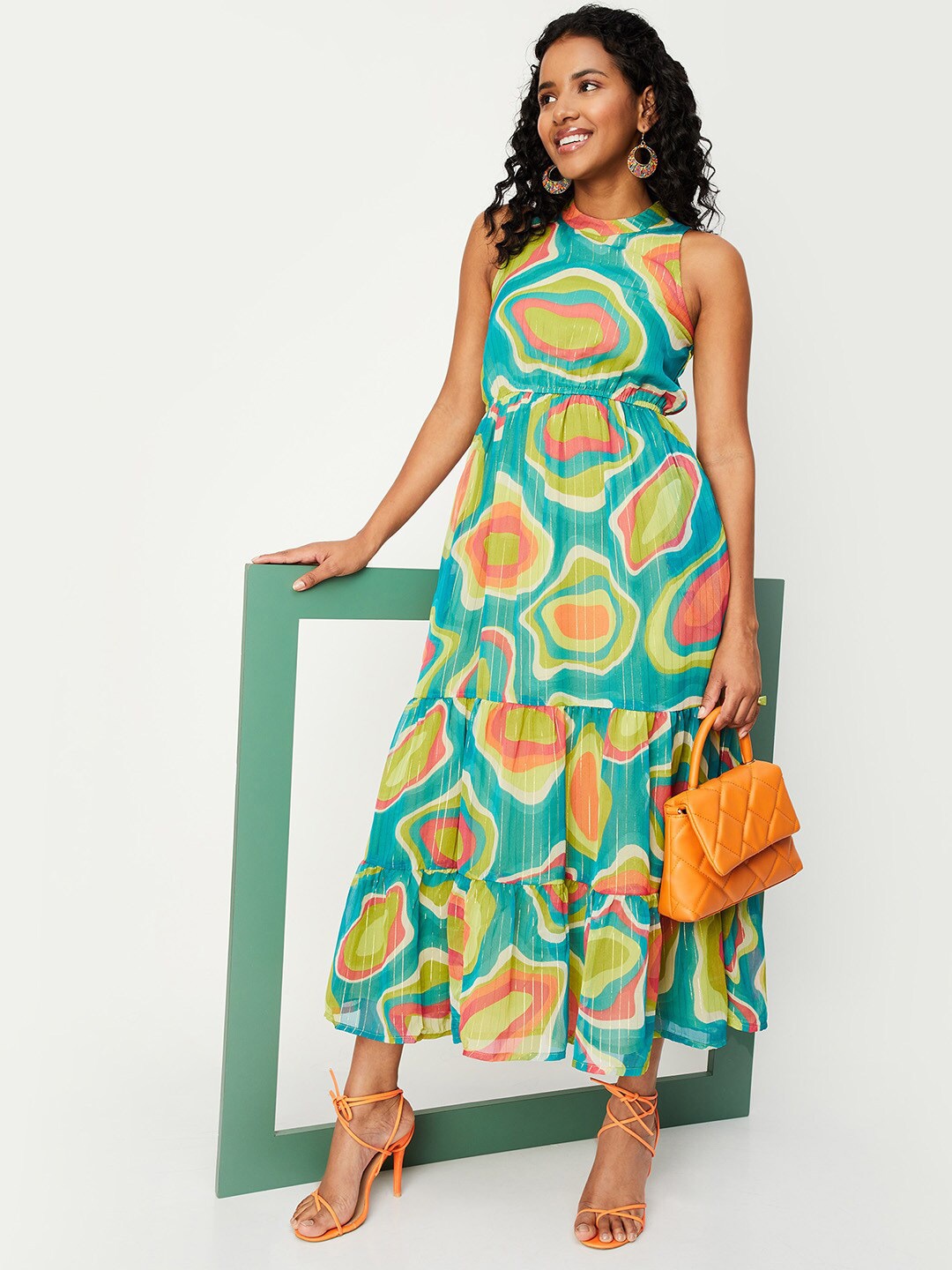 

max Printed High Neck Sleeveless Maxi Dress, Blue
