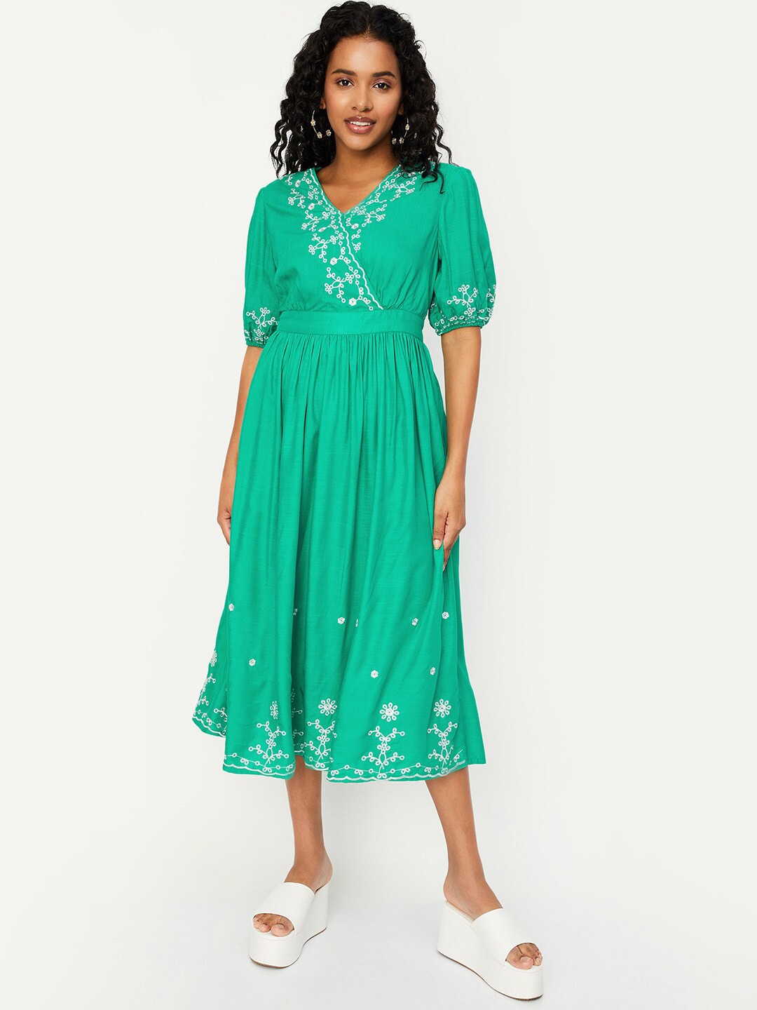 

max Embroidered V-Neck Puff Sleeves Fit & Flare Dress, Green