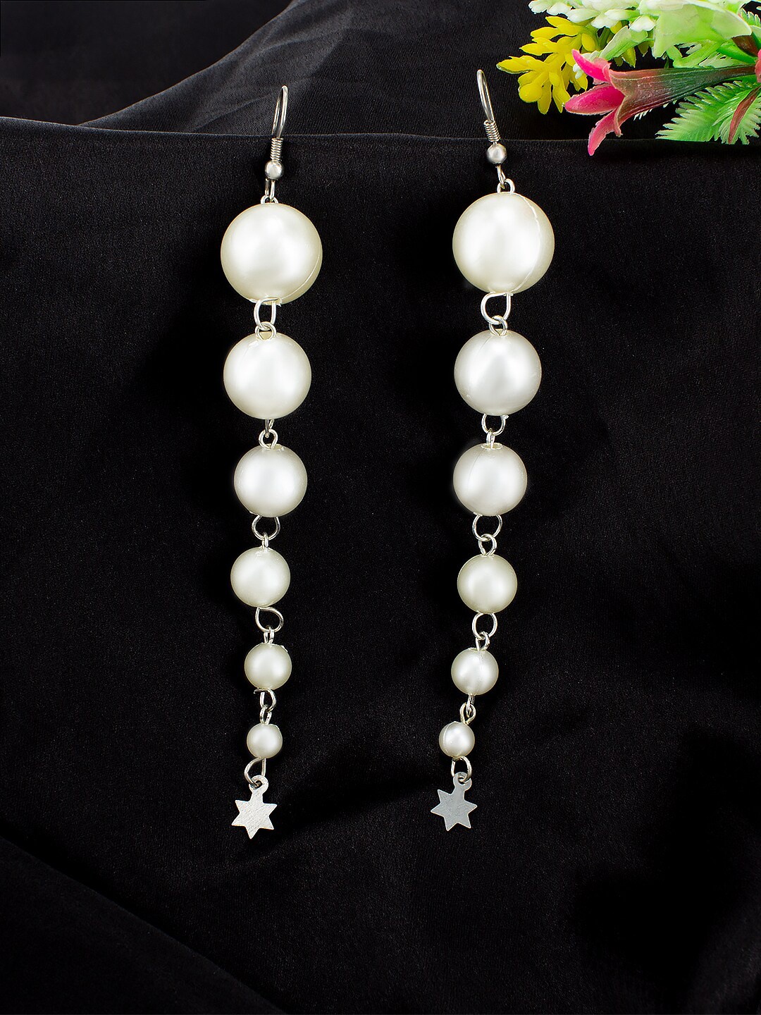 

PRIVIU Pearls Studded Drop Earrings, Silver