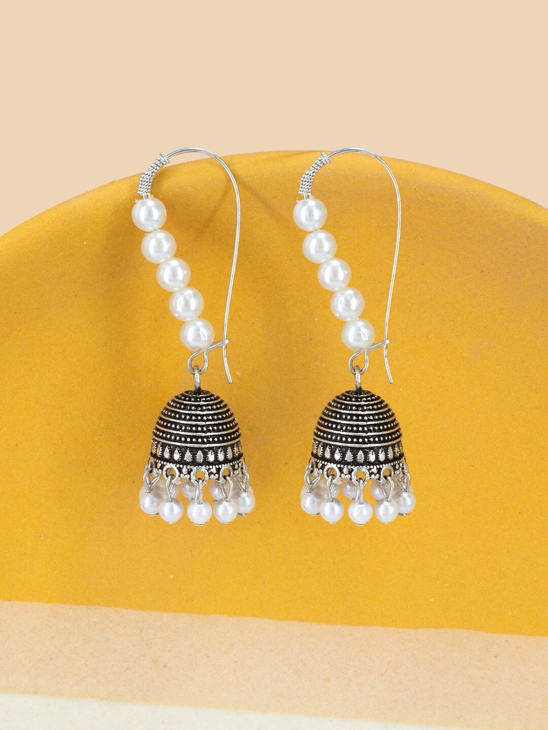 

PRIVIU Oxidised Dome Shaped Pearl Studded Jhumkas, Silver