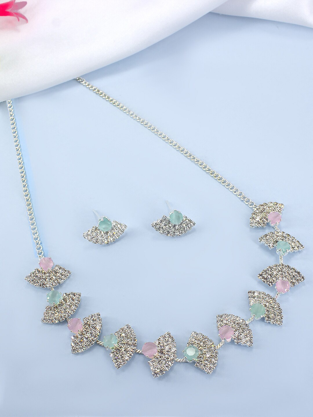 

PRIVIU Rhodium-Plated American Diamond-Studded Jewellery Set, Silver
