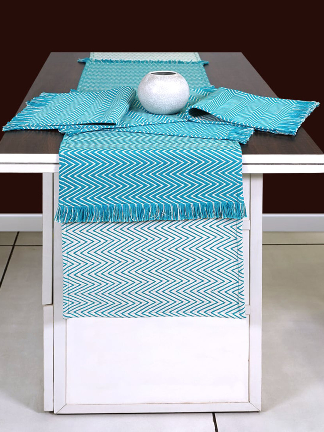 

Ode & Cleo Set Of 7 Geometric Printed Table Mats, Turquoise blue