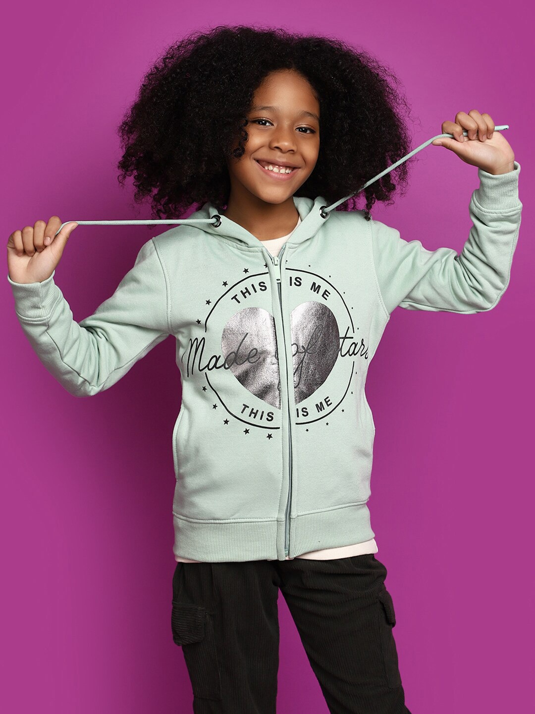 

V-Mart Girls Graphic Printed Hooded Cotton Sweatshirt, Green