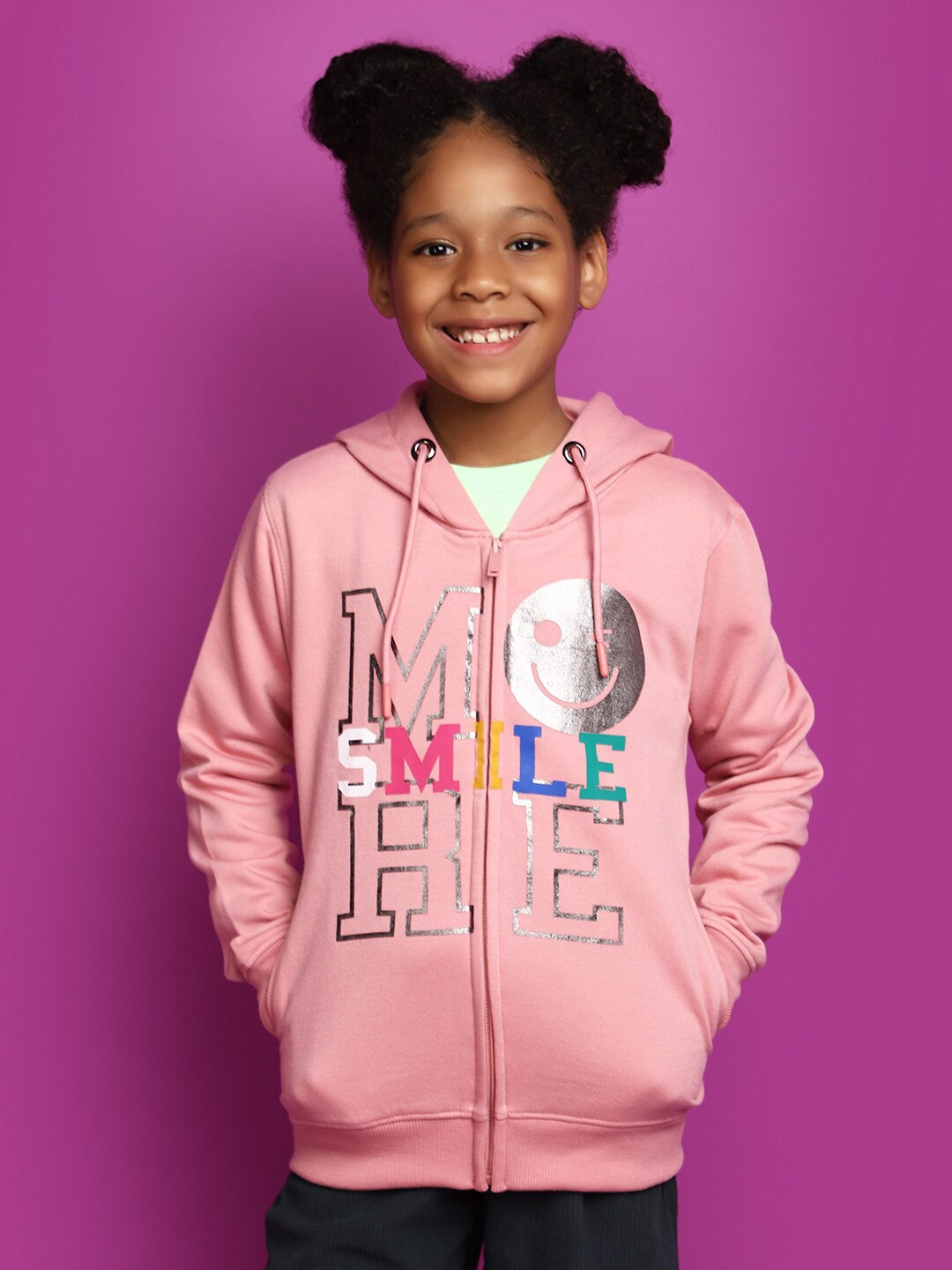 

V-Mart Girls Typography Printed Fleece Front-Open Sweatshirt, Pink