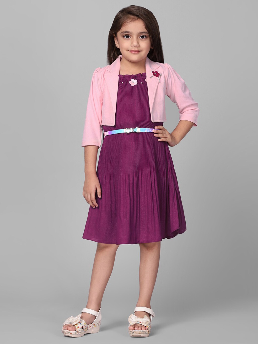 

Macwin Girls Striped Round Neck Sleeveless Pleated Fit & flare Dress With Jacket, Magenta