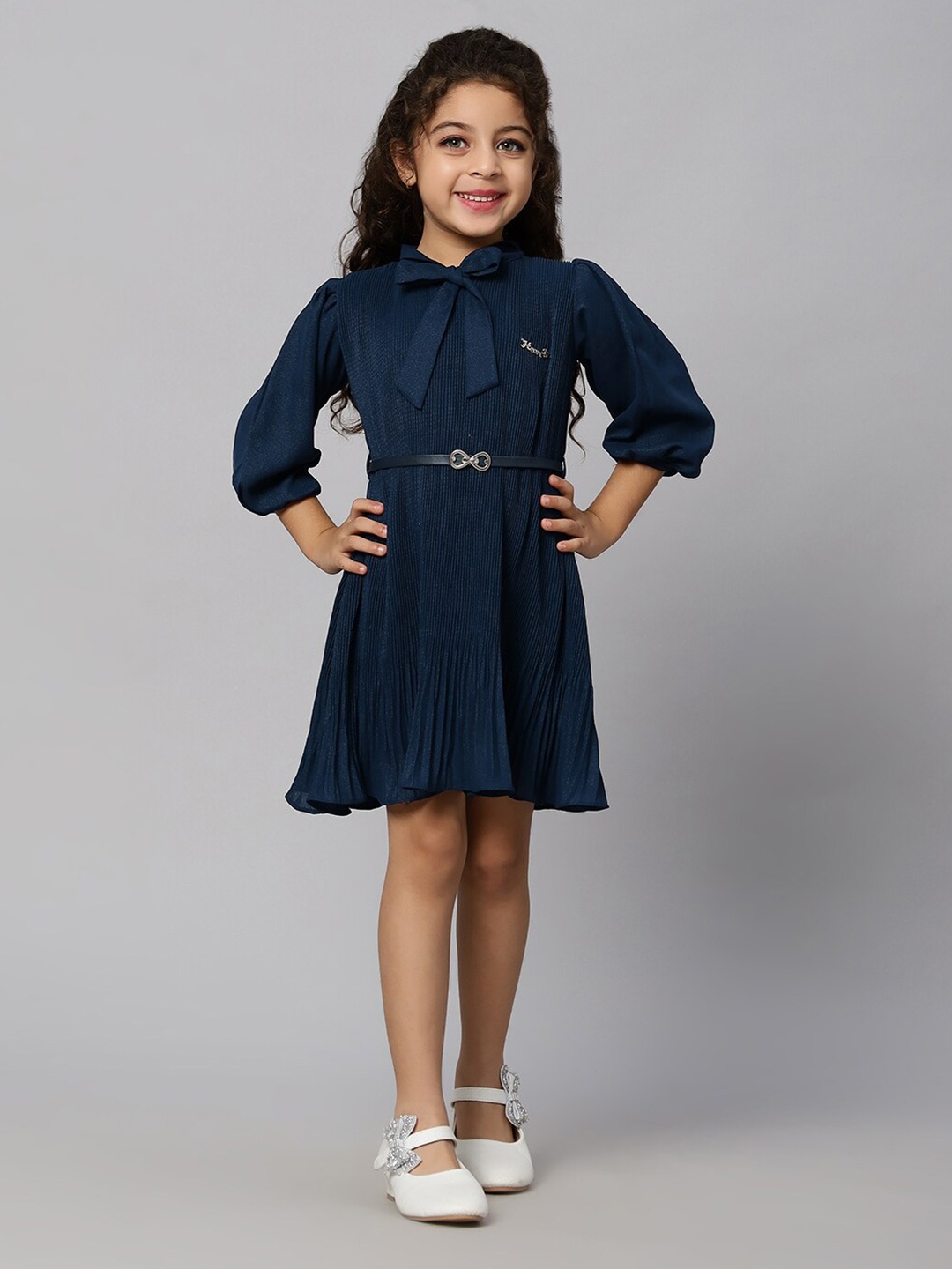 

Macwin Shirt Collar Cuffed Sleeves Pleated Shirt Dress, Navy blue