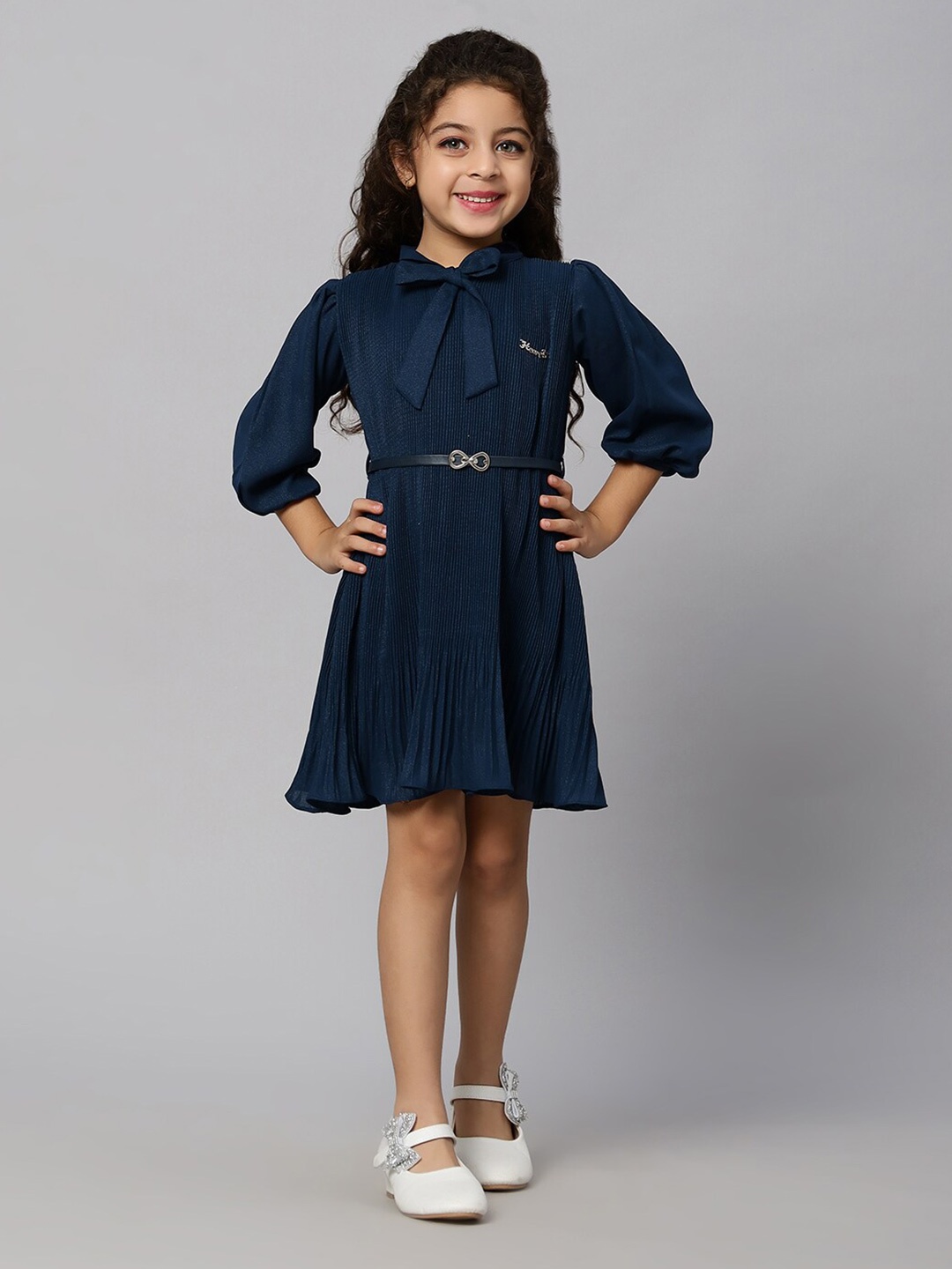 

Macwin Girls Accordian Pleated Tie-Up Neck Puff Sleeves Fit & Flare Dress, Blue