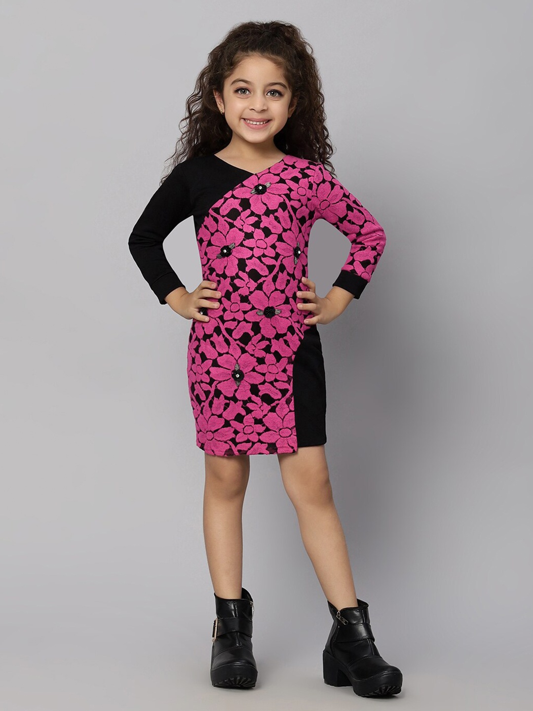 

Macwin Girls Floral Woven Design Applique Jacquard Sheath Dress, Pink