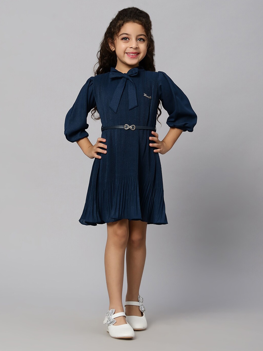 

Macwin Girls Self Design Tie-Up Neck A-Line Dress, Navy blue