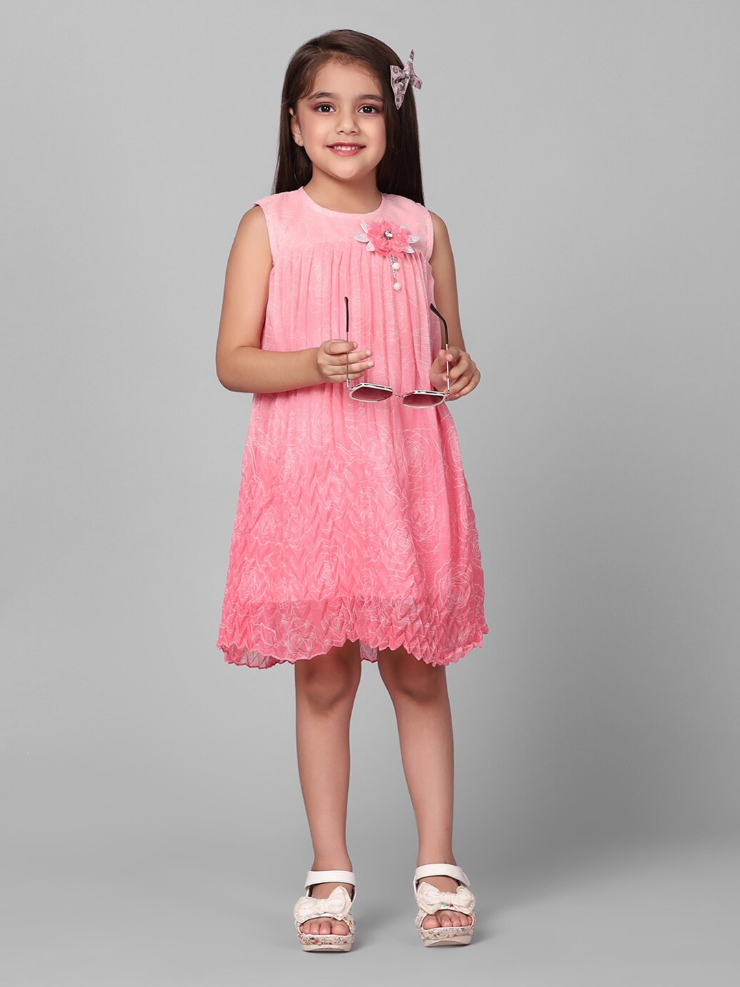 

Macwin Girls Floral Printed Corsage Detailed Chiffon A-Line Dress, Pink