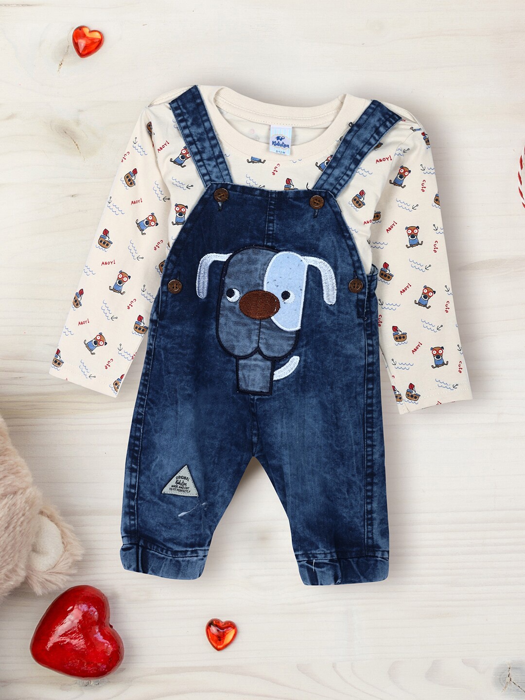 

V-Mart Infants Printed Cotton Straight Leg Dungaree With T-Shirt, Beige