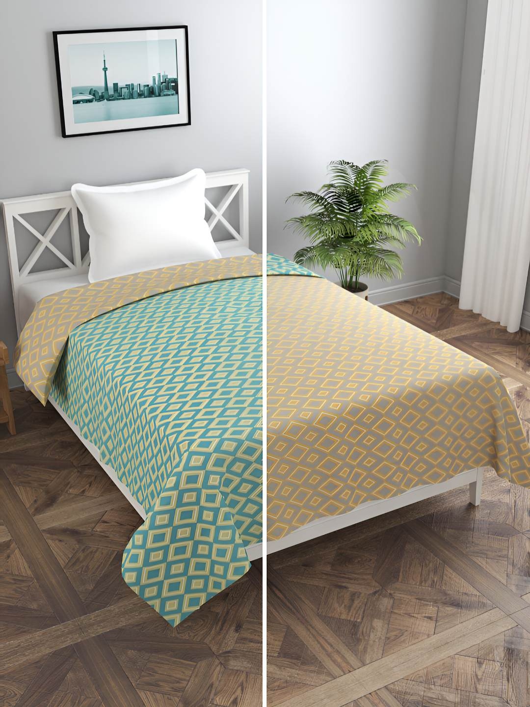 

BREVARD Green & Mustard Yellow Geometric Printed Reversible Single Duvet Cover